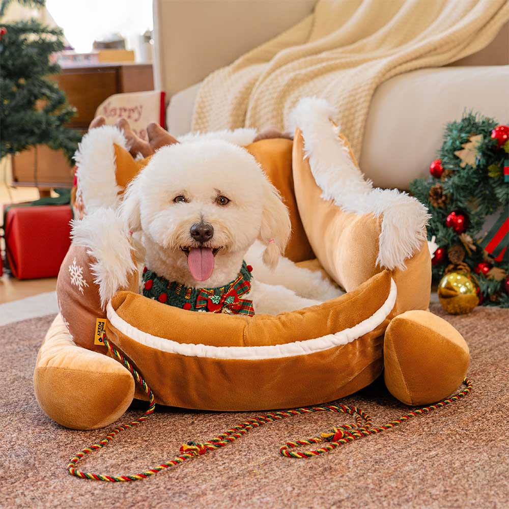 Festive Plush Cosy Dog Bed - Christmas Sleigh