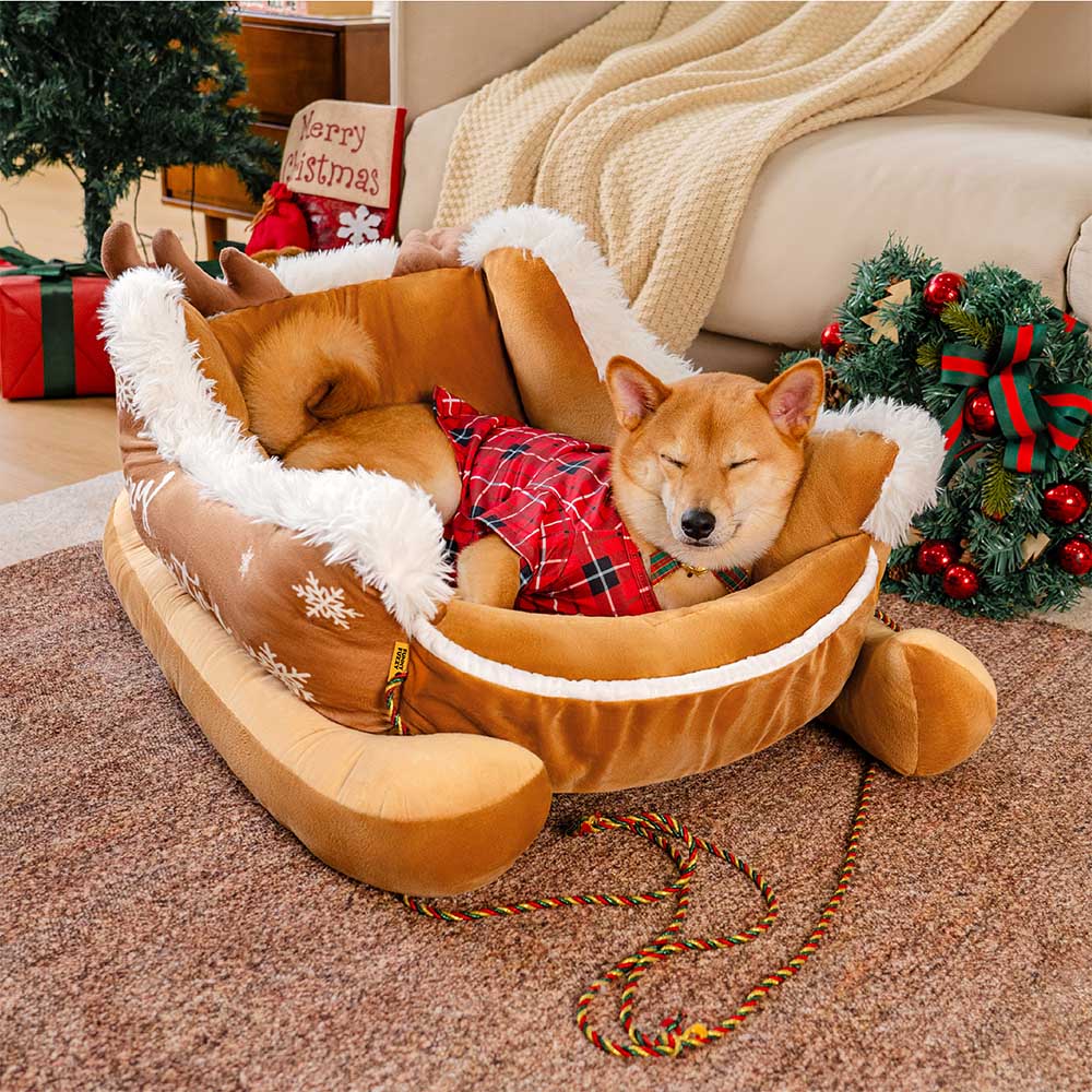 Festive Plush Cosy Dog Bed - Christmas Sleigh