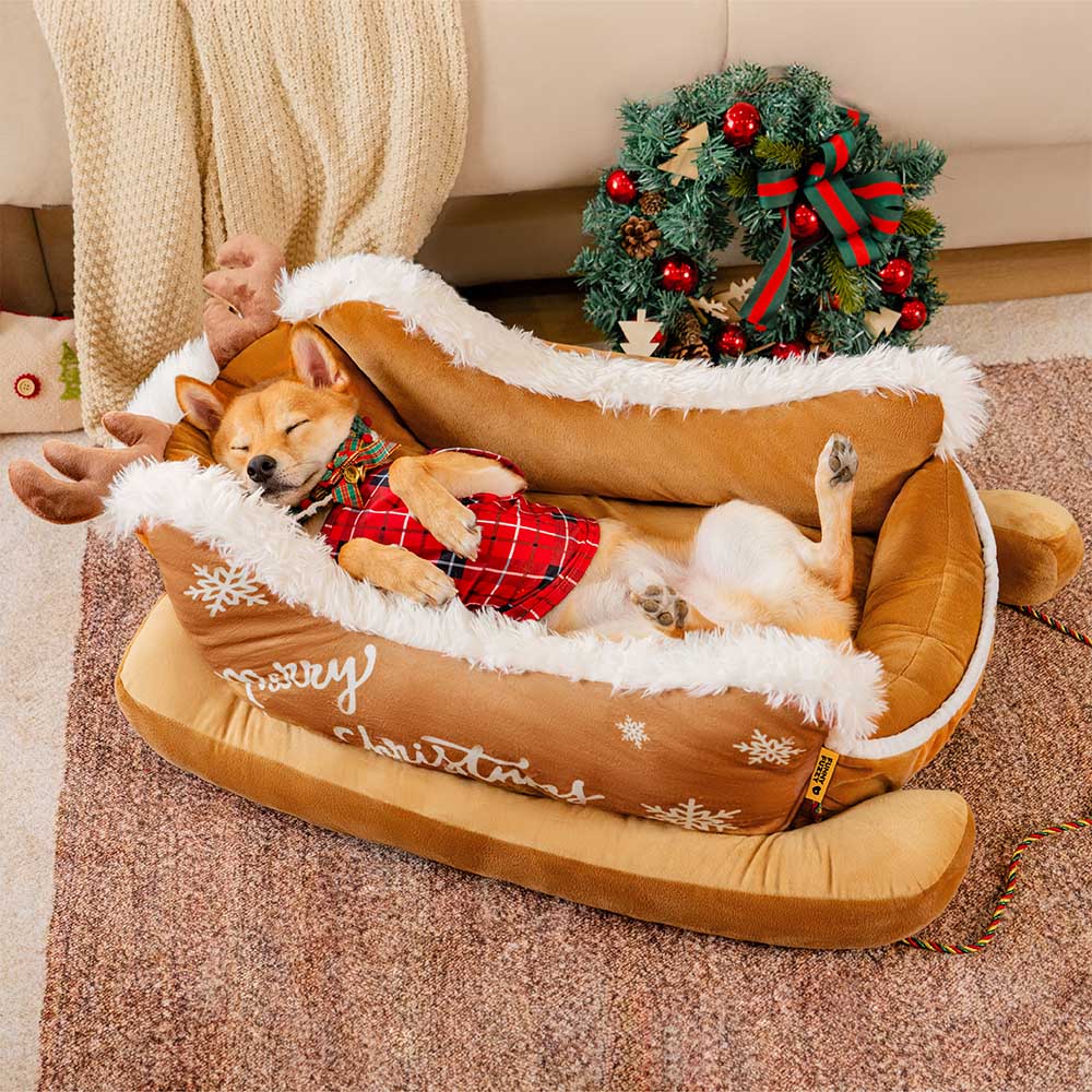 Festive Plush Cosy Dog Bed - Christmas Sleigh