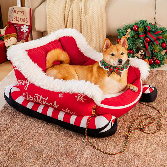 Festive Plush Cosy Dog Bed - Christmas Sleigh