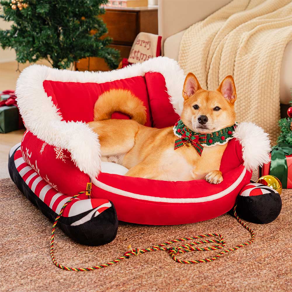 Festive Plush Cosy Dog Bed - Christmas Sleigh